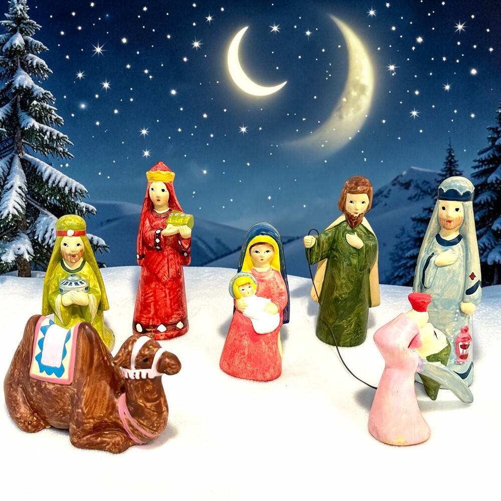 Vintage Japan Nativity Set 7 Pc Ceramic Figures Mary Joseph Wise Men Angel Camel